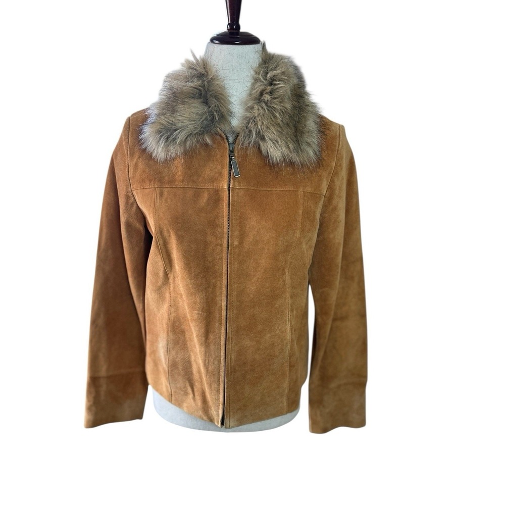 Vtg Fur Collar Suede Leather Camel Brown Jacket Boho Cowgirl Moto Size Small - Picture 2 of 14